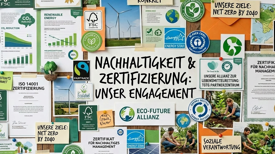 Board filled with various sustainability certificates, renewable energy images, and eco-certification logos.